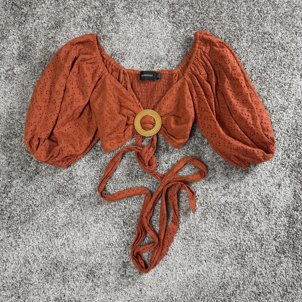MinkPink Orange Eyelet Puff Sleeve Wrap Crop Top Medium Bohemian Cottagecore‎
